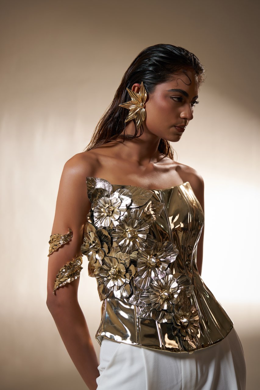 Gold Sculpted Corset Top with Ivory Wide-Leg Pants – Modern Luxury Wear