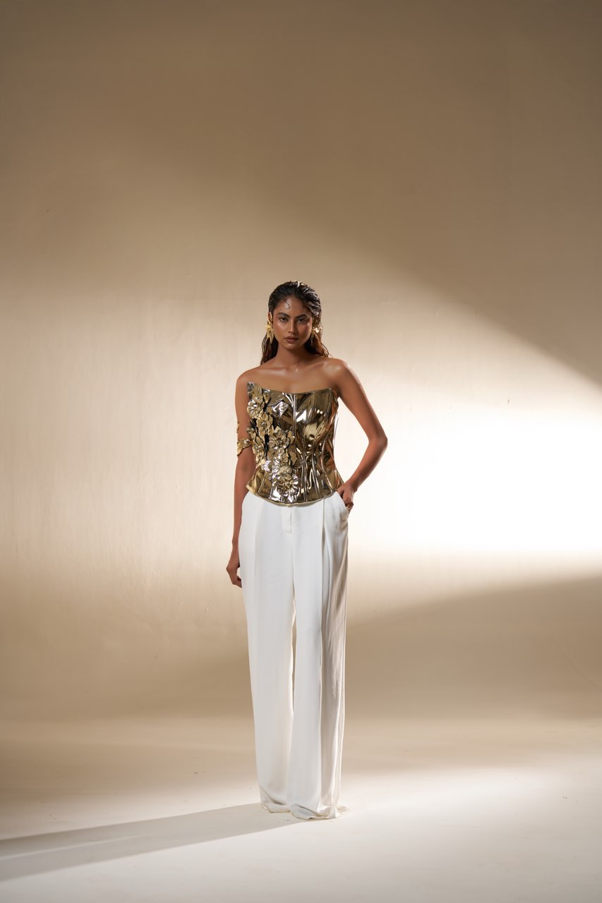 Gold Sculpted Corset Top with Ivory Wide-Leg Pants – Modern Luxury Wear