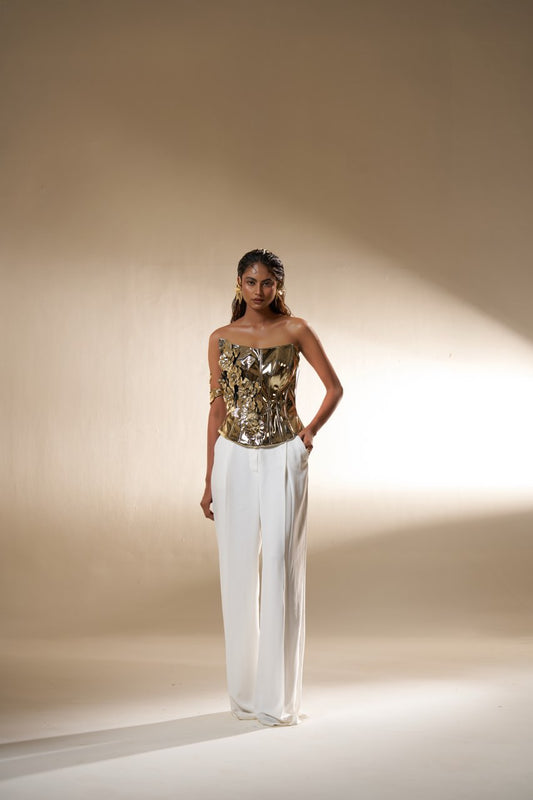Gold Sculpted Corset Top with Ivory Wide-Leg Pants – Modern Luxury Wear