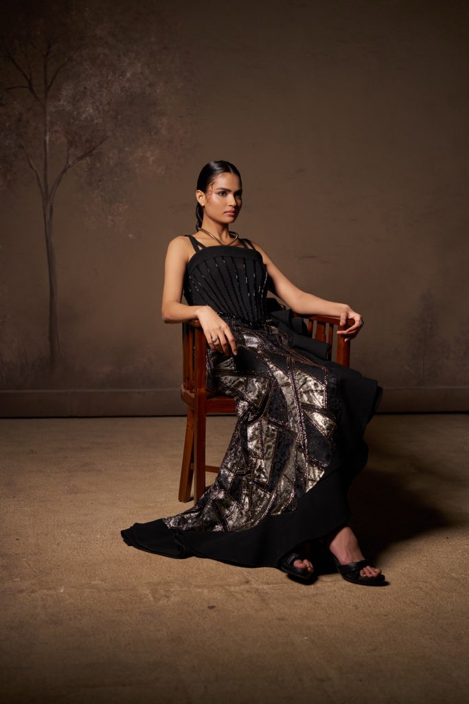 Black Corset Gown with Handcrafted Metallic Detailing