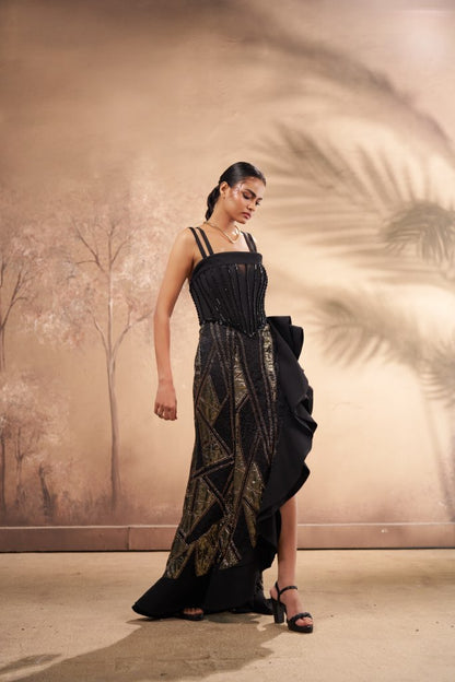 Black Corset Gown with Handcrafted Metallic Detailing