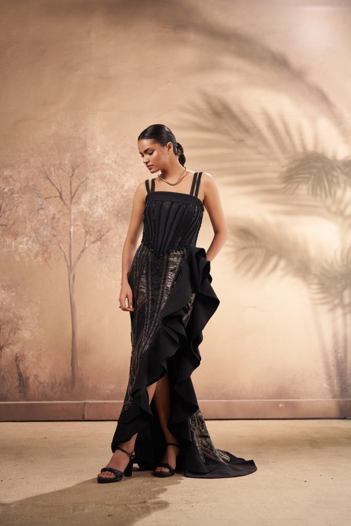 Black Corset Gown with Handcrafted Metallic Detailing