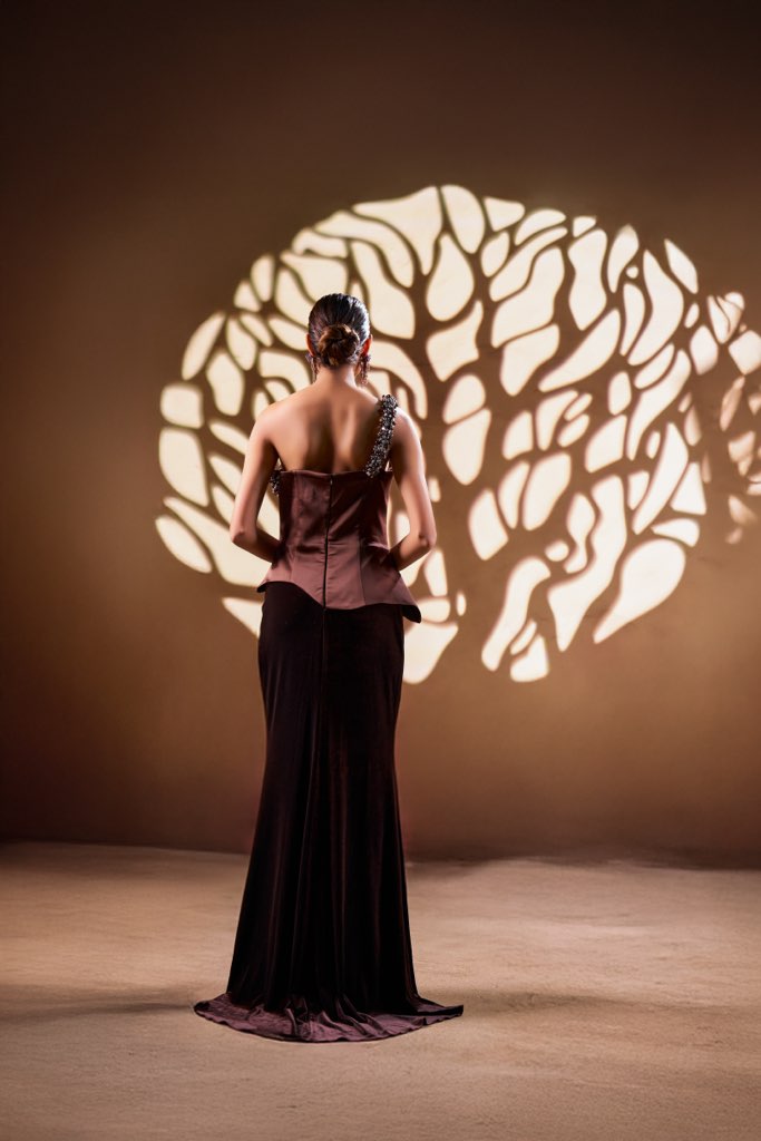 Mocha One-Shoulder Corset Gown with Handcrafted Embellished Detailing | Modern Luxury Occasion Wear