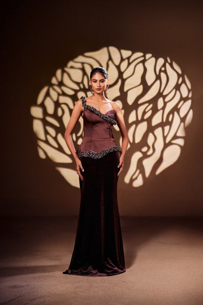 Mocha One-Shoulder Corset Gown with Handcrafted Embellished Detailing | Modern Luxury Occasion Wear