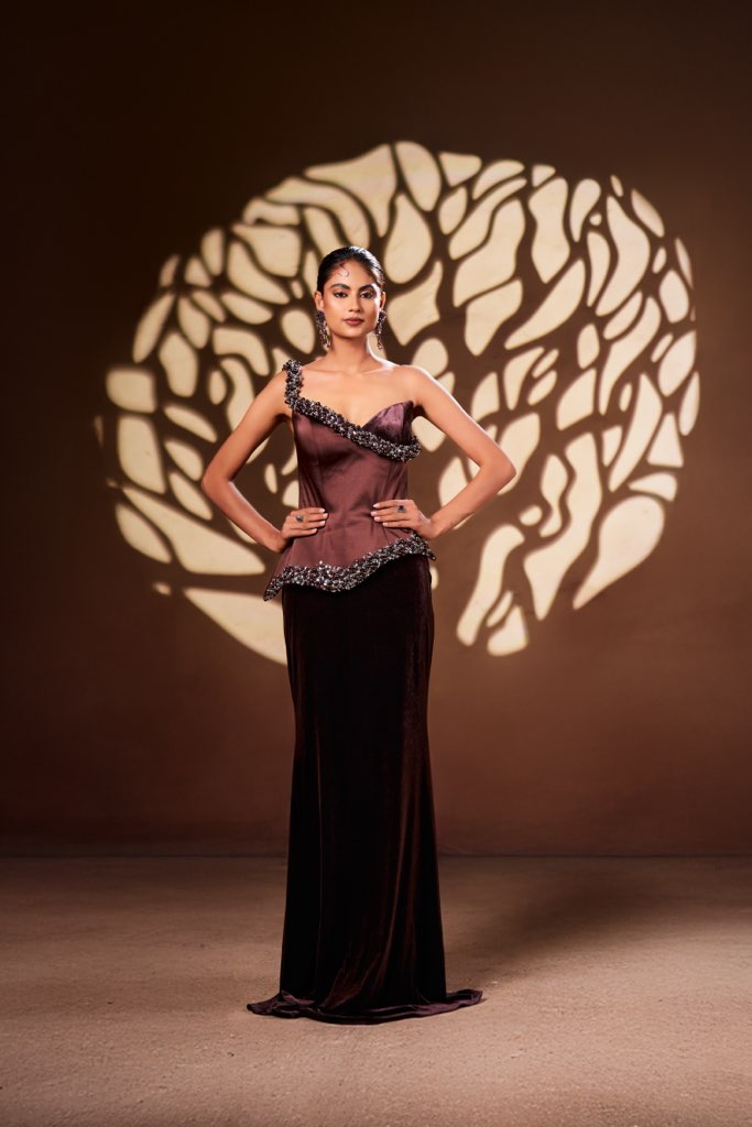 Mocha One-Shoulder Corset Gown with Handcrafted Embellished Detailing | Modern Luxury Occasion Wear