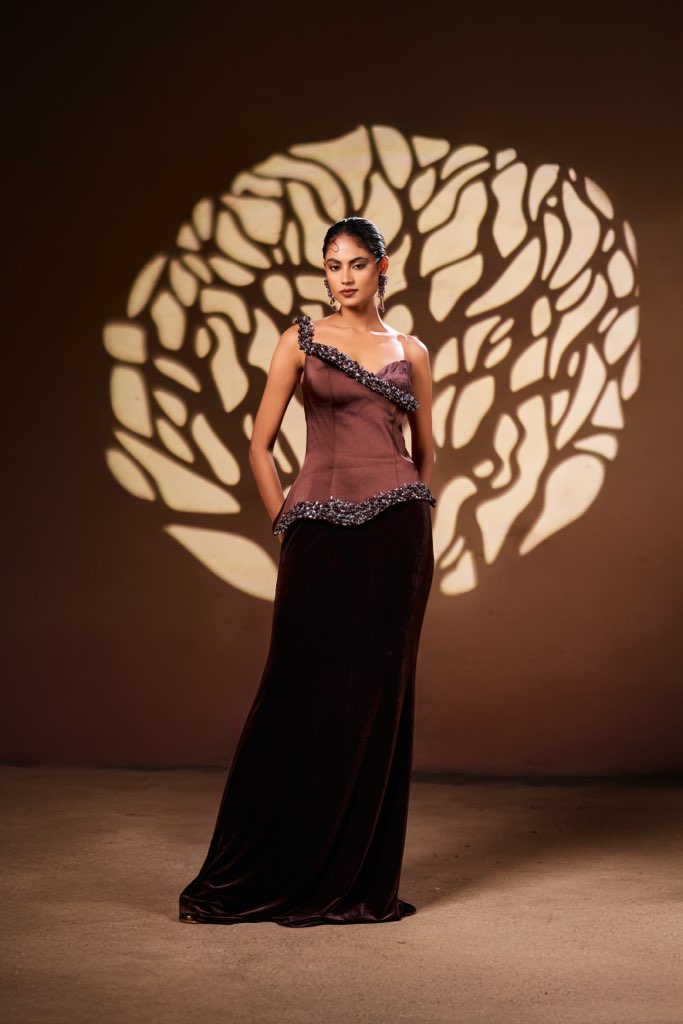 Mocha One-Shoulder Corset Gown with Handcrafted Embellished Detailing | Modern Luxury Occasion Wear