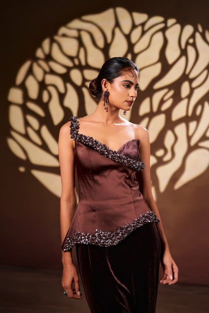 Mocha One-Shoulder Corset Gown with Handcrafted Embellished Detailing | Modern Luxury Occasion Wear