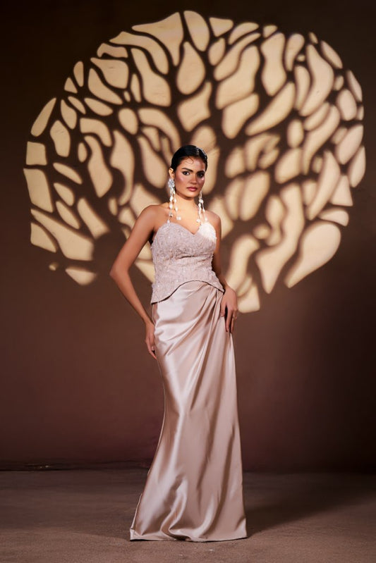 Blush Nude Strapless Embellished Corset Gown with Satin Drape Skirt