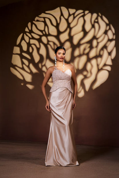 Blush Nude Strapless Embellished Corset Gown with Satin Drape Skirt
