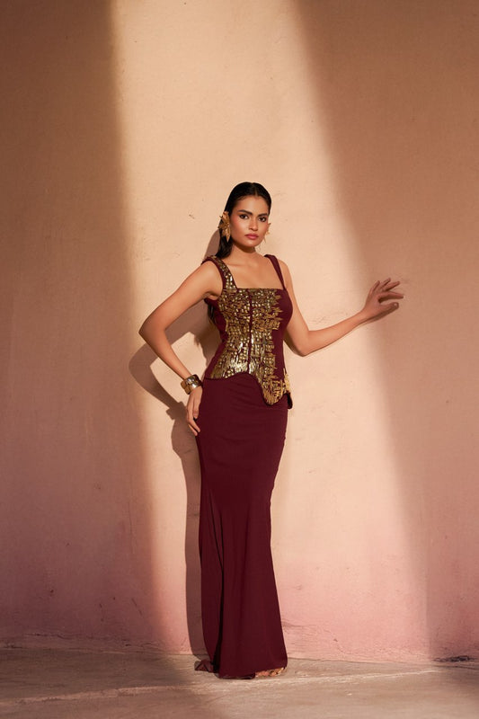 Burgundy Sculpted Corset Gown with Metallic Gold Embellished Bodice | Modern Luxury Occasional Wear