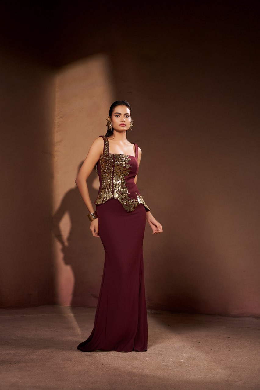 Burgundy Sculpted Corset Gown with Metallic Gold Embellished Bodice | Modern Luxury Occasional Wear
