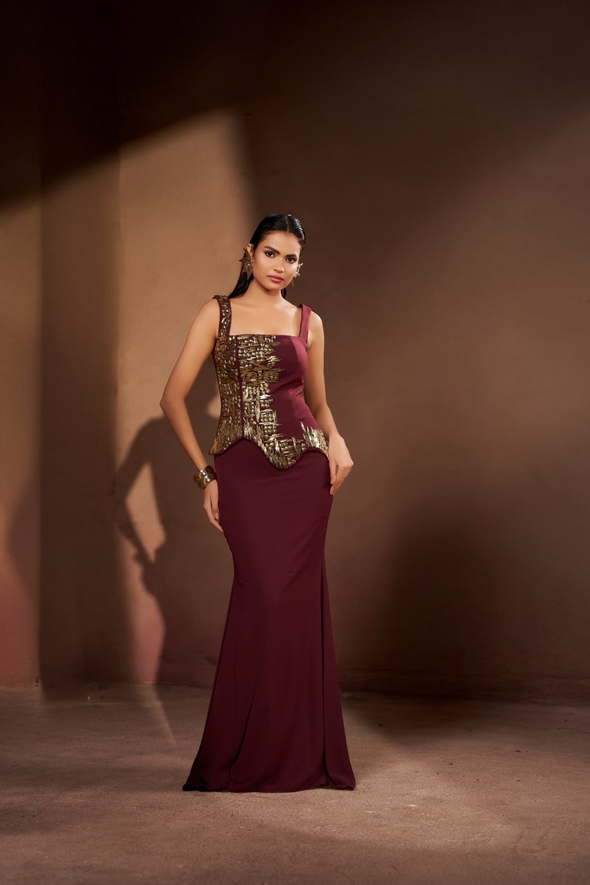 Burgundy Sculpted Corset Gown with Metallic Gold Embellished Bodice | Modern Luxury Occasional Wear