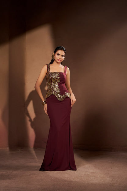 Burgundy Sculpted Corset Gown with Metallic Gold Embellished Bodice | Modern Luxury Occasional Wear