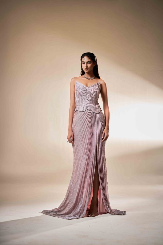 Blush Sculpted Corset Gown with Draped Fall | Modern Luxury Evening Wear
