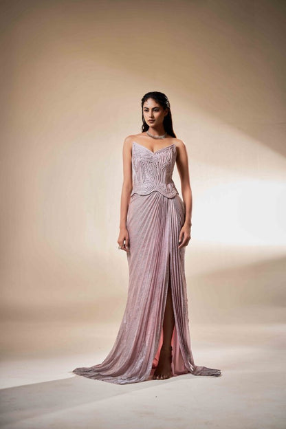 Blush Sculpted Corset Gown with Draped Fall | Modern Luxury Evening Wear