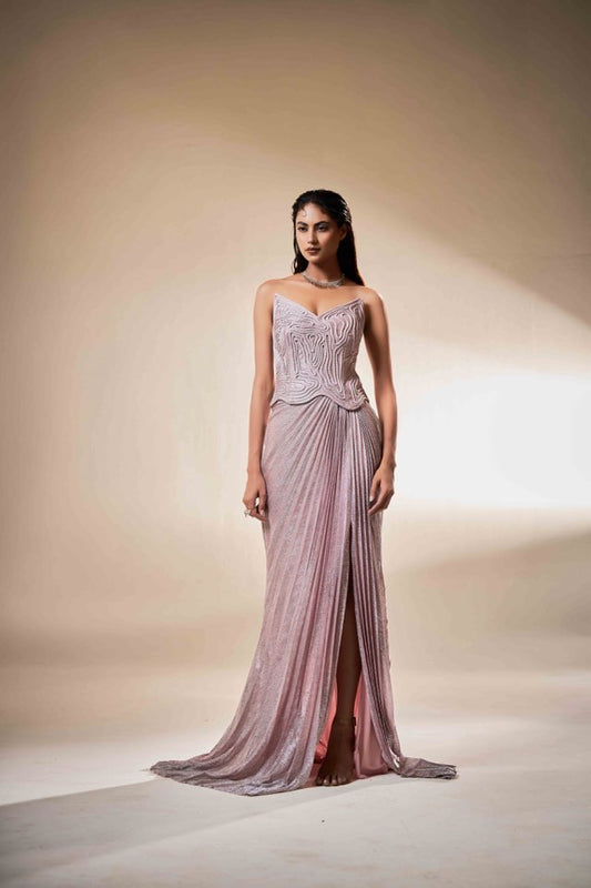 Blush Sculpted Corset Gown with Draped Fall | Modern Luxury Evening Wear