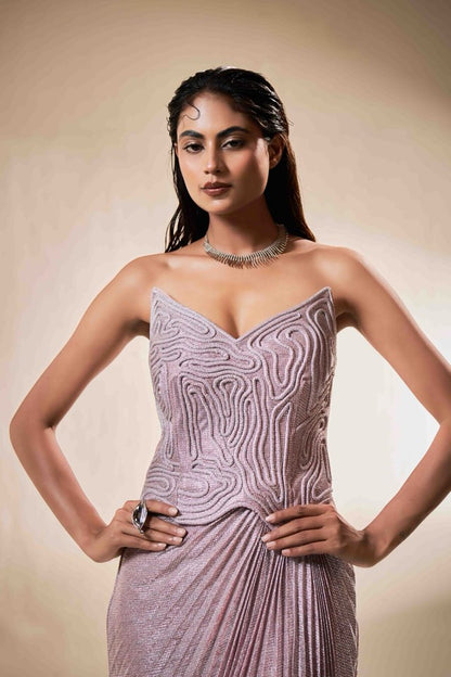 Blush Sculpted Corset Gown with Draped Fall | Modern Luxury Evening Wear