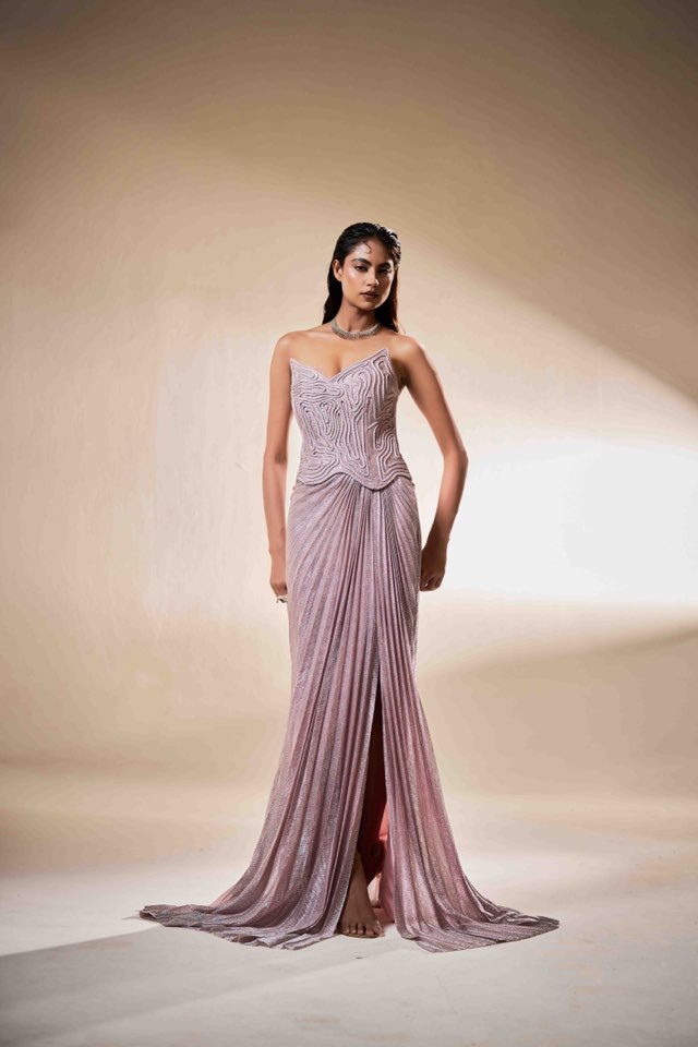 Blush Sculpted Corset Gown with Draped Fall | Modern Luxury Evening Wear