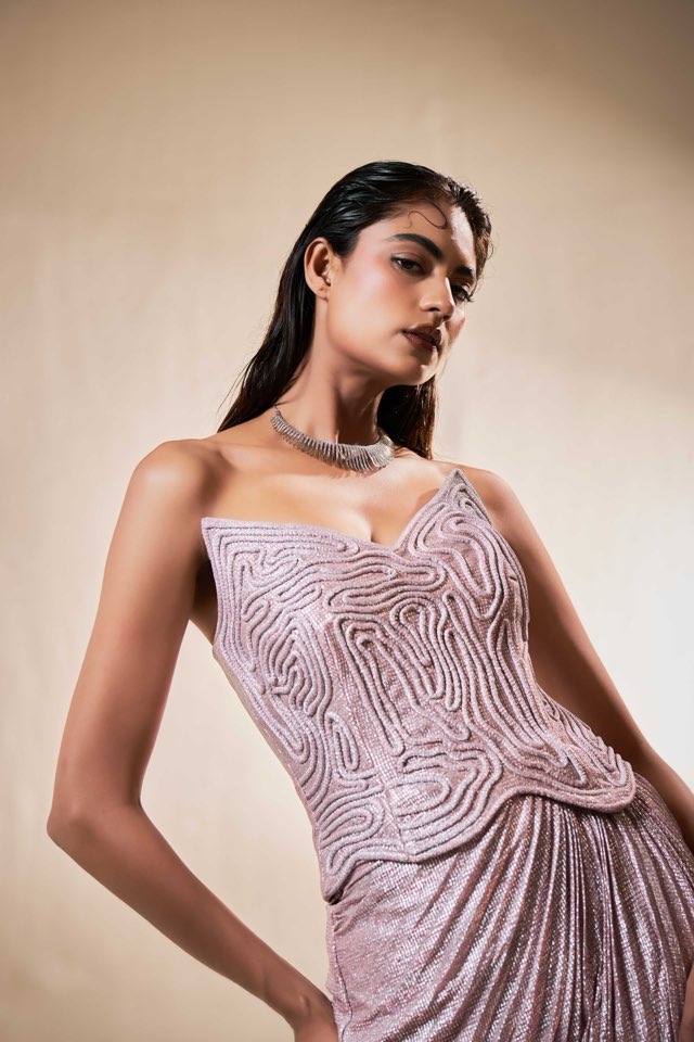 Blush Sculpted Corset Gown with Draped Fall | Modern Luxury Evening Wear