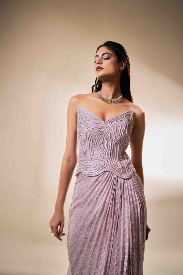 Blush Sculpted Corset Gown with Draped Fall | Modern Luxury Evening Wear