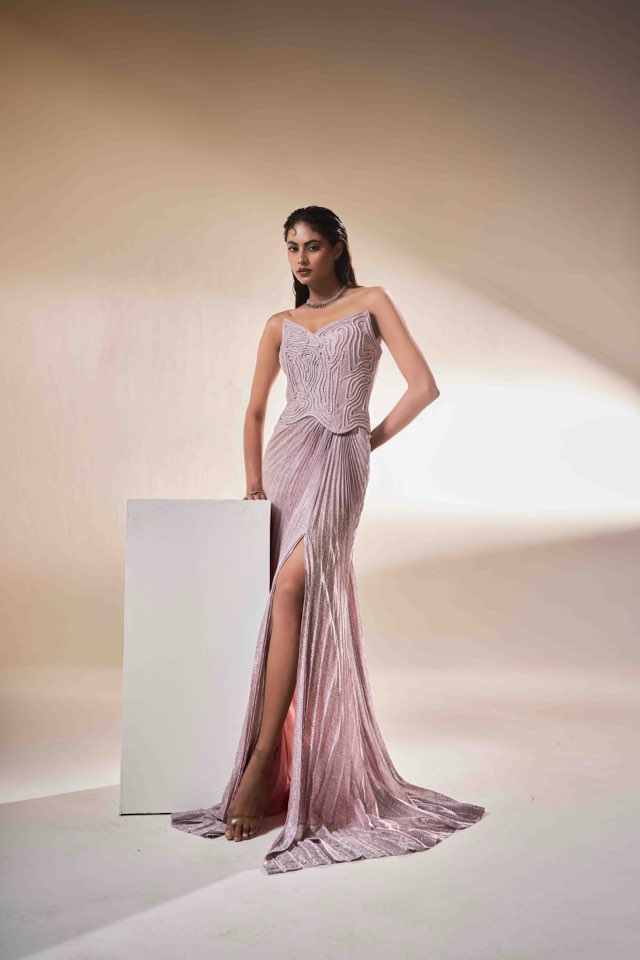 Blush Sculpted Corset Gown with Draped Fall | Modern Luxury Evening Wear