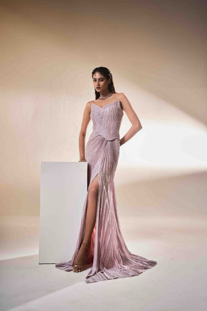 Blush Sculpted Corset Gown with Draped Fall | Modern Luxury Evening Wear
