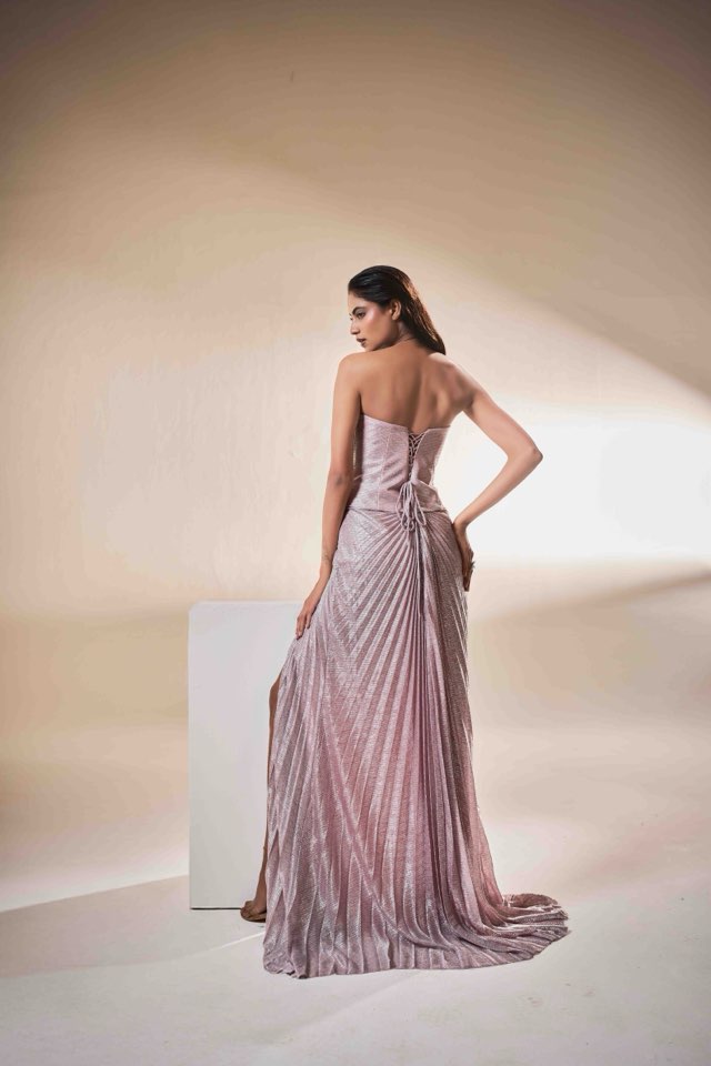 Blush Sculpted Corset Gown with Draped Fall | Modern Luxury Evening Wear