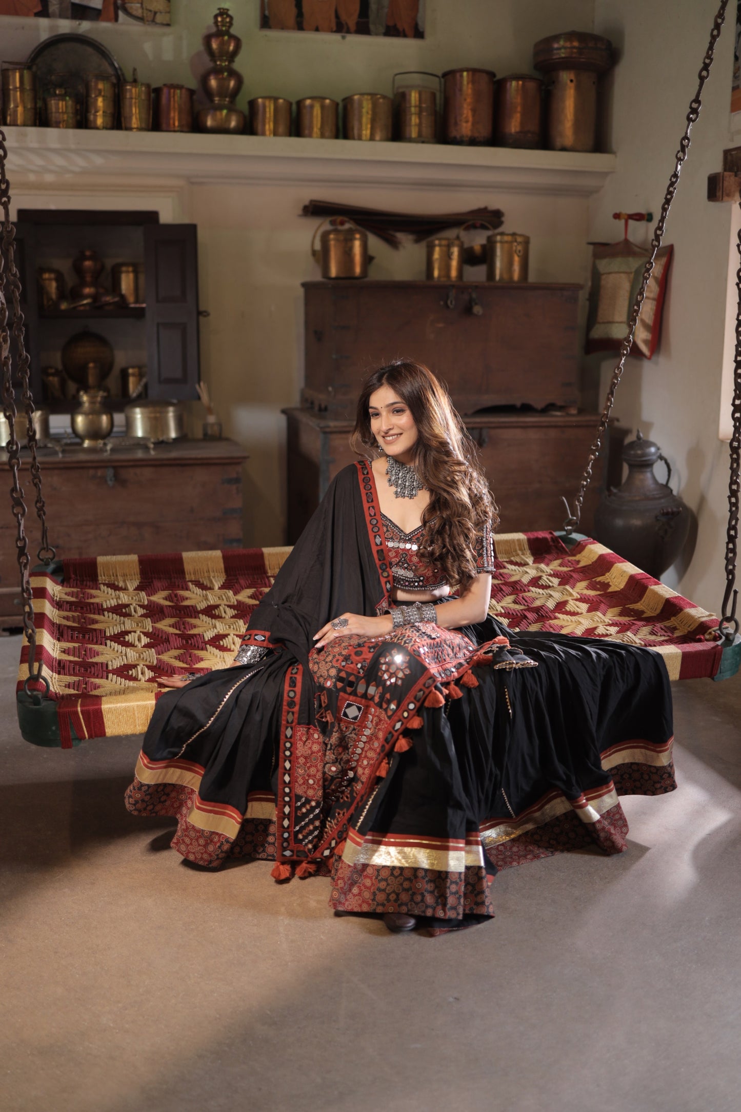 Black Ajrakh Handcrafted Navratri Lehenga Set with Antique Mirror, Coin & Antique Work Dupatta - Raas 2025