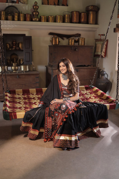 Black Ajrakh Handcrafted Navratri Lehenga Set with Antique Mirror, Coin & Antique Work Dupatta - Raas 2025