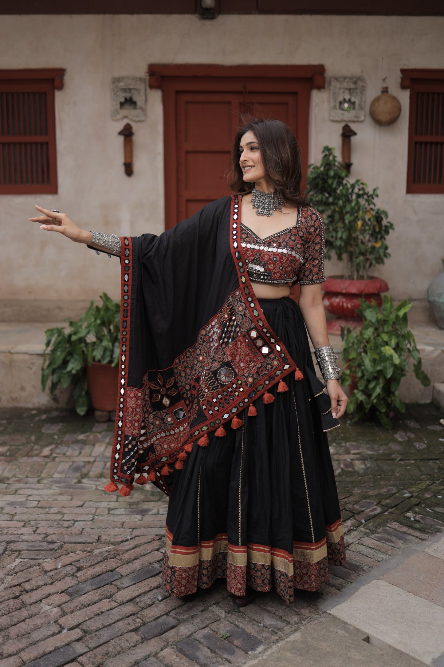Black Ajrakh Handcrafted Navratri Lehenga Set with Antique Mirror, Coin & Antique Work Dupatta - Raas 2025