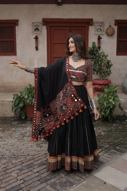Black Ajrakh Handcrafted Navratri Lehenga Set with Antique Mirror, Coin & Antique Work Dupatta - Raas 2025