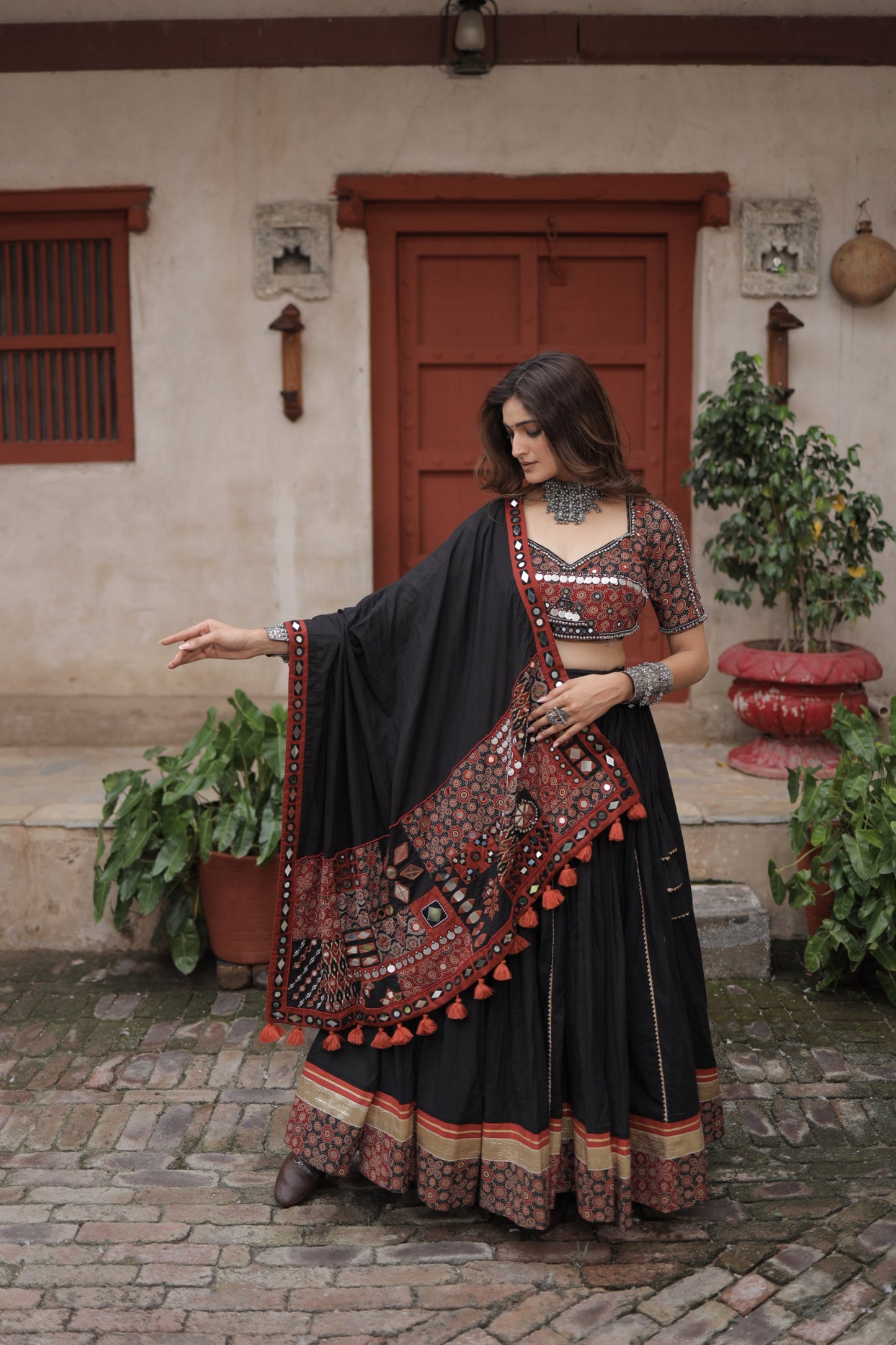 Black Ajrakh Handcrafted Navratri Lehenga Set with Antique Mirror, Coin & Antique Work Dupatta - Raas 2025
