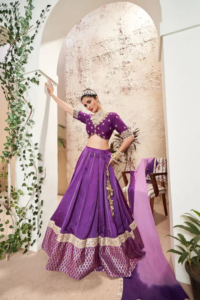 Purple Silk Chanderi Lehenga