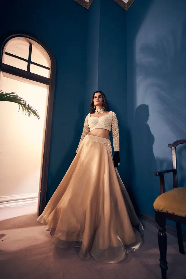 Gold Cream Pearl Lehenga