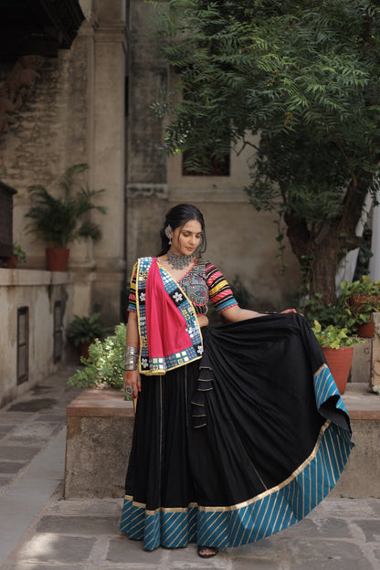Kutch Heritage Black Navratri Lehenga Set with Blue Hemline & Rani Pink Statement Handcrafted Dupatta - Raas2025
