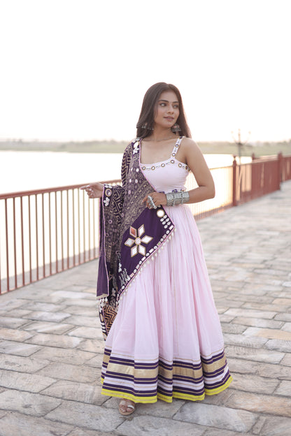 BB Pink Mul Cotton Chaniya Choli with Mirror Shell Work & Ajrakh-Inspired Statement Dupatta – Navratri Raas Collection 2025