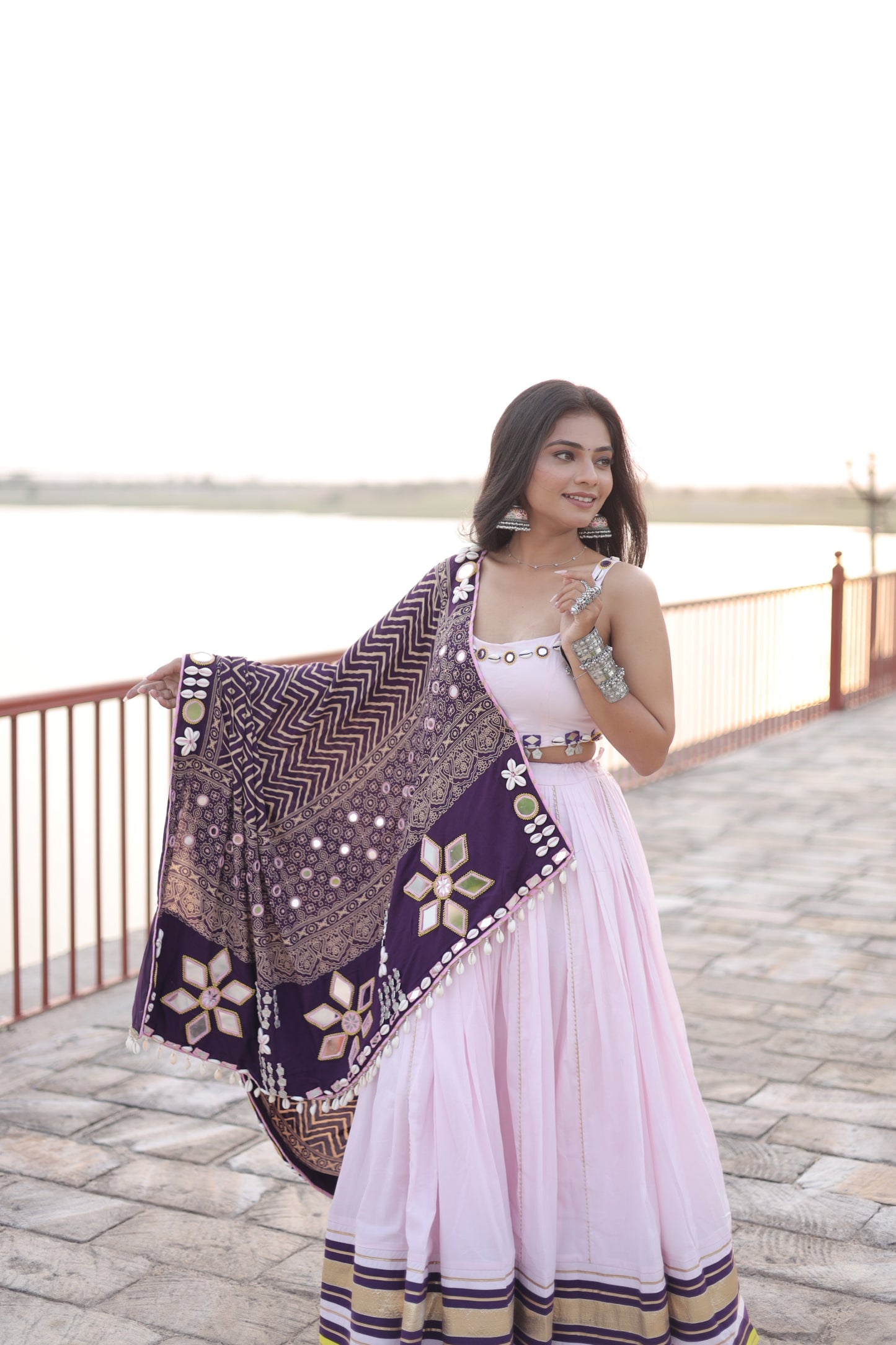 BB Pink Mul Cotton Chaniya Choli with Mirror Shell Work & Ajrakh-Inspired Statement Dupatta – Navratri Raas Collection 2025