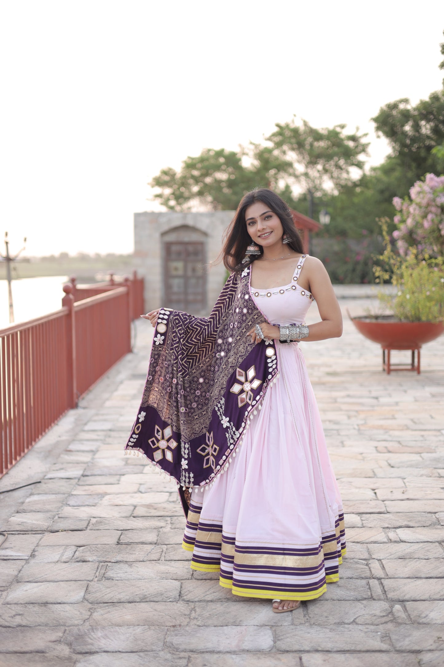 BB Pink Mul Cotton Chaniya Choli with Mirror Shell Work & Ajrakh-Inspired Statement Dupatta – Navratri Raas Collection 2025