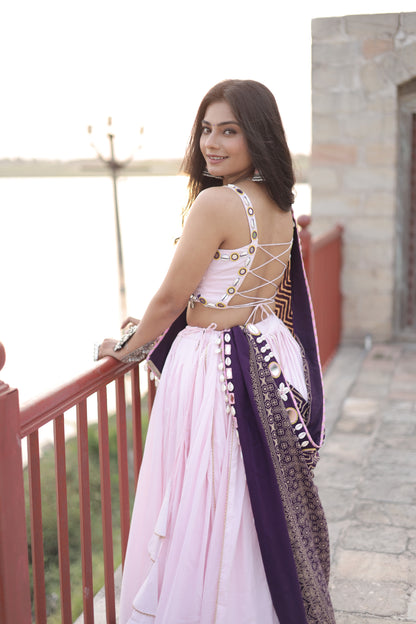 BB Pink Mul Cotton Chaniya Choli with Mirror Shell Work & Ajrakh-Inspired Statement Dupatta – Navratri Raas Collection 2025