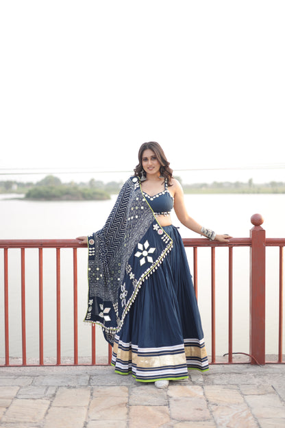 Navy Blue Mirror Shell Chaniya Choli with Ajrakh-Inspired Dupatta | Navratri 2025 Collection
