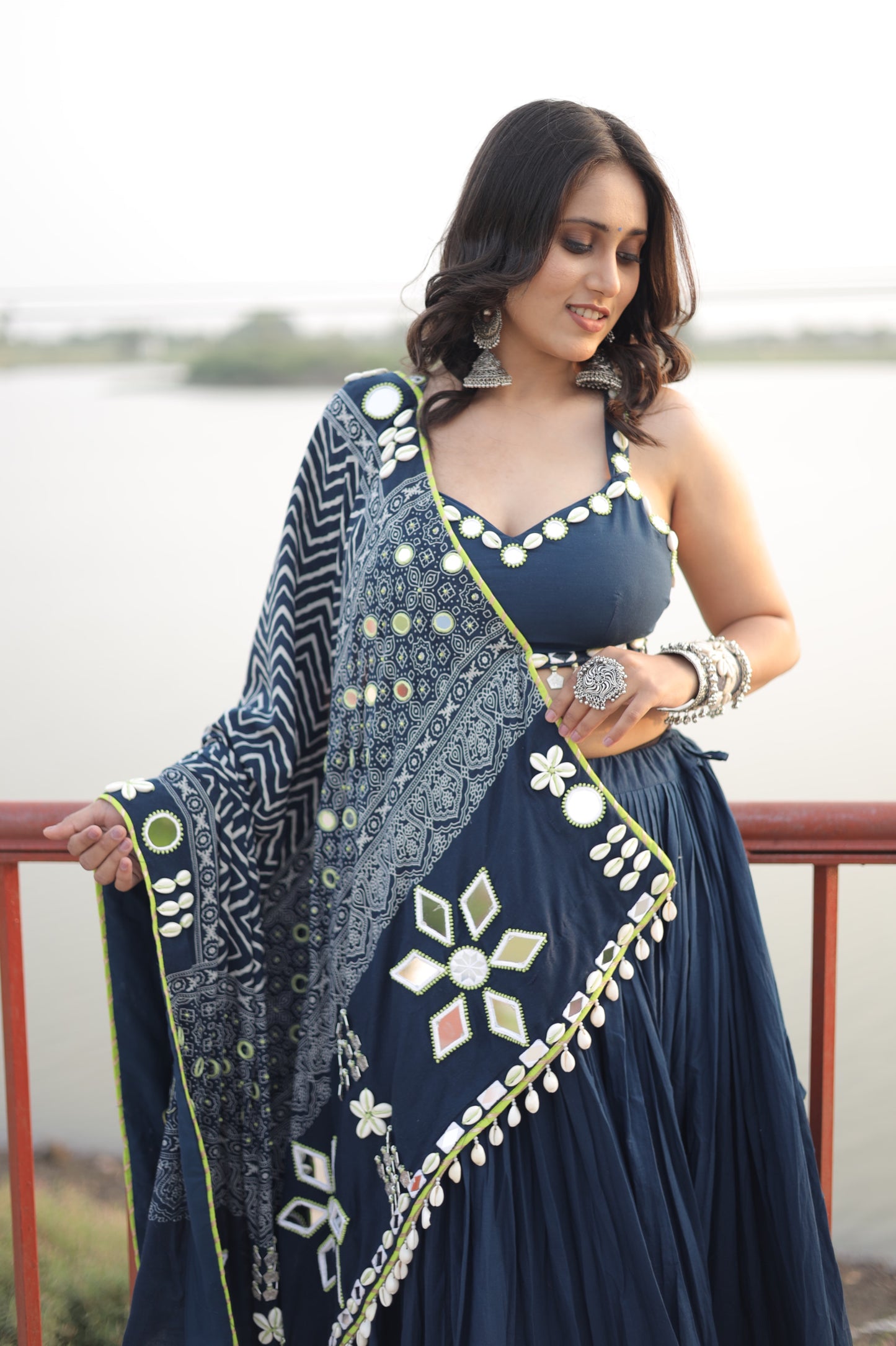 Navy Blue Mirror Shell Chaniya Choli with Ajrakh-Inspired Dupatta | Navratri 2025 Collection