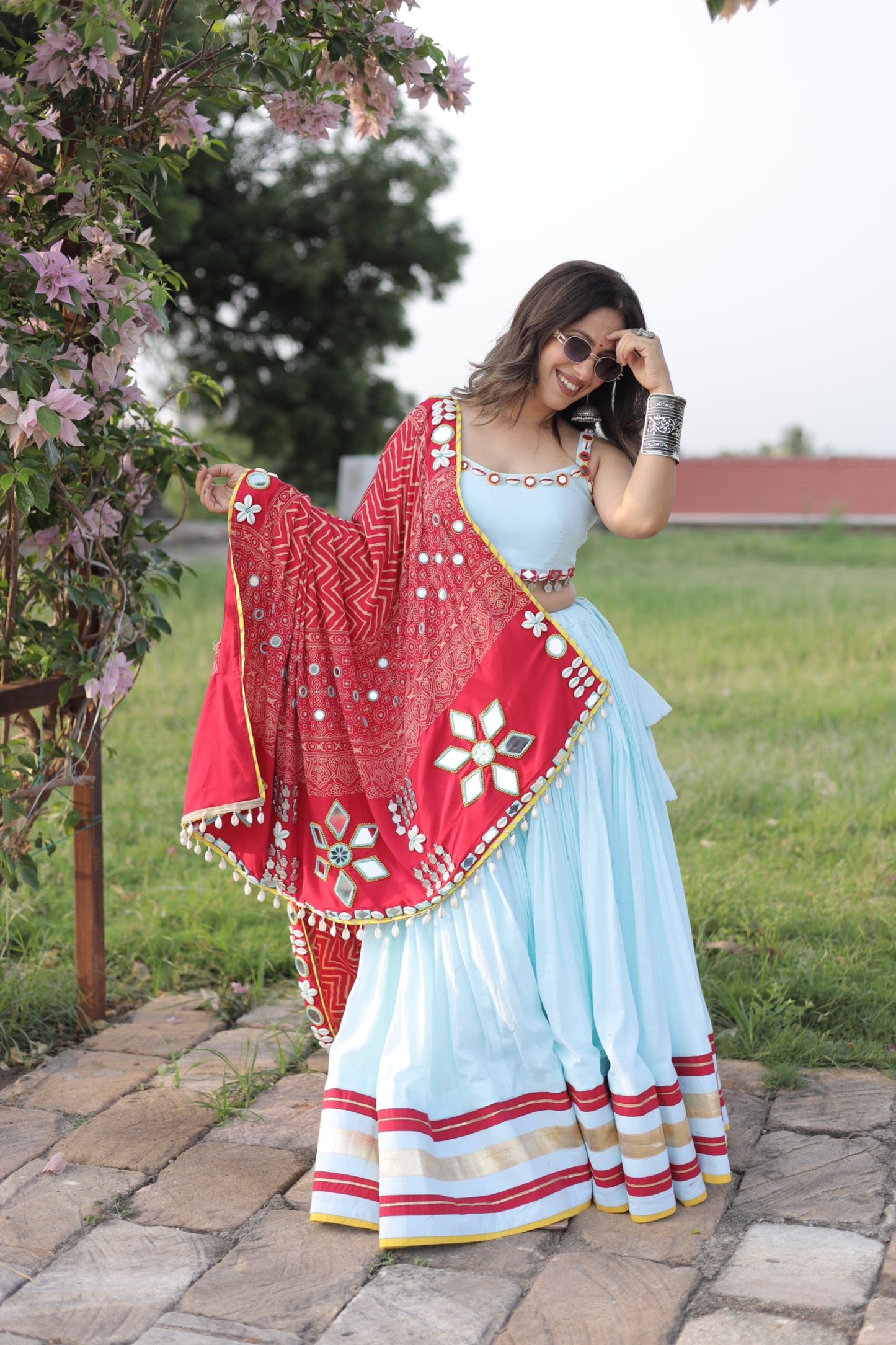 Pista Rani Mirror Shell Chaniya Choli with Ajrakh-Inspired Dupatta | Navratri 2025 Raas collection