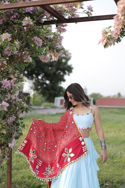 Pista Rani Mirror Shell Chaniya Choli with Ajrakh-Inspired Dupatta | Navratri 2025 Raas collection