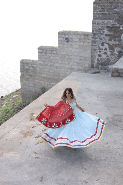 Pista Rani Mirror Shell Chaniya Choli with Ajrakh-Inspired Dupatta | Navratri 2025 Raas collection