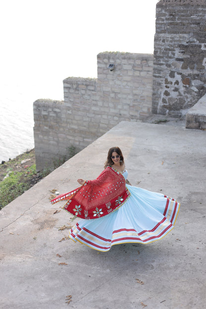 Pista Rani Mirror Shell Chaniya Choli with Ajrakh-Inspired Dupatta | Navratri 2025 Raas collection