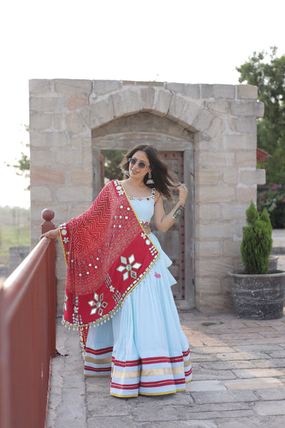 Pista Rani Mirror Shell Chaniya Choli with Ajrakh-Inspired Dupatta | Navratri 2025 Raas collection