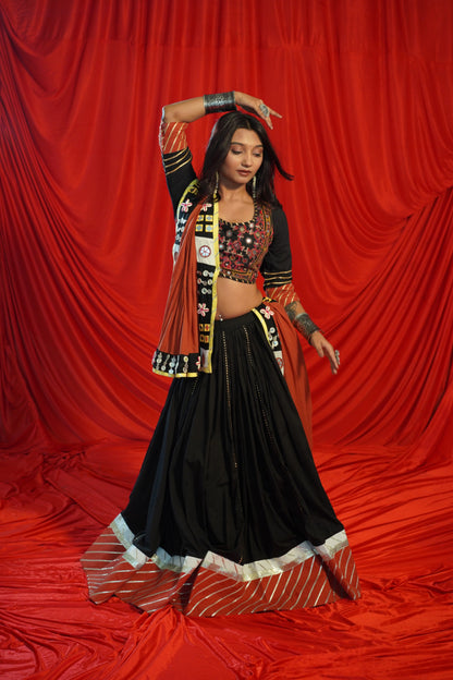 Kutch Heritage Black Cotton Chaniya Choli Set with Handcrafted Mirror Shell Dupatta – Raas 2025 Exclusive