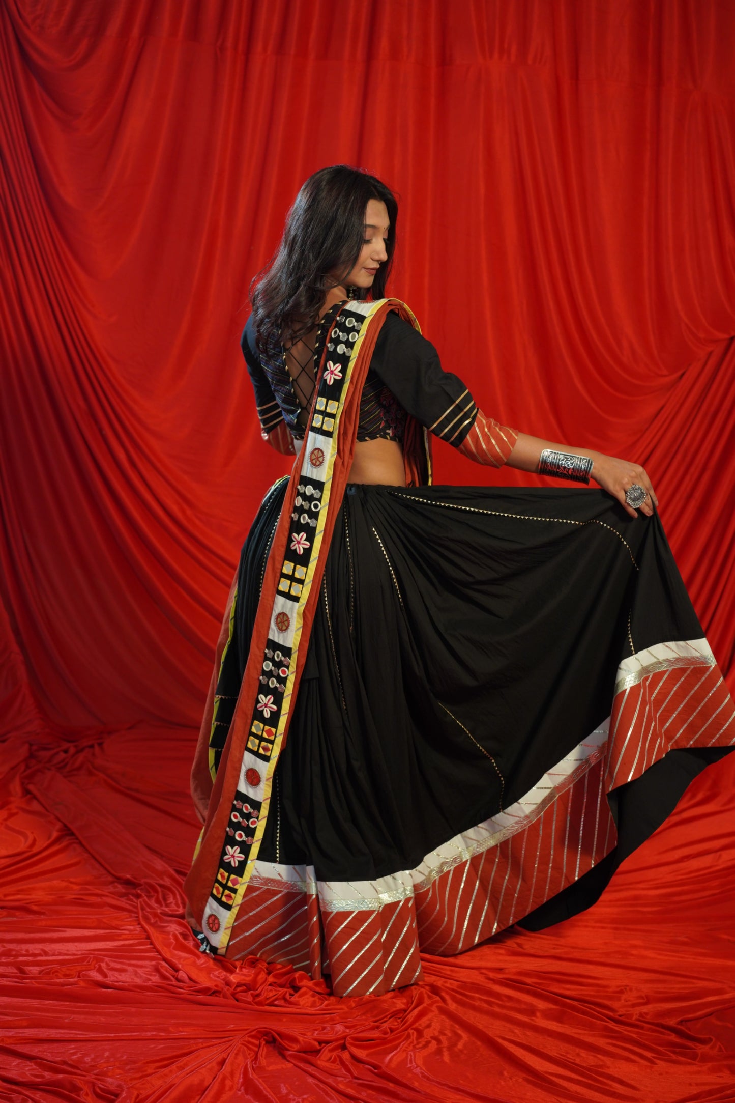 Kutch Heritage Black Cotton Chaniya Choli Set with Handcrafted Mirror Shell Dupatta – Raas 2025 Exclusive