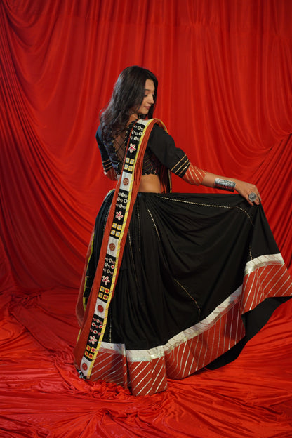 Kutch Heritage Black Cotton Chaniya Choli Set with Handcrafted Mirror Shell Dupatta – Raas 2025 Exclusive
