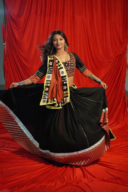 Kutch Heritage Black Cotton Chaniya Choli Set with Handcrafted Mirror Shell Dupatta – Raas 2025 Exclusive